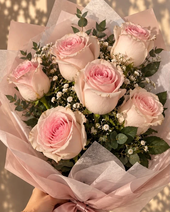Buchet Șoaptă, trandafiri roz pal și floarea-miresei, disponibil la buchetomatul Pipo din Chiajna Shopping Center