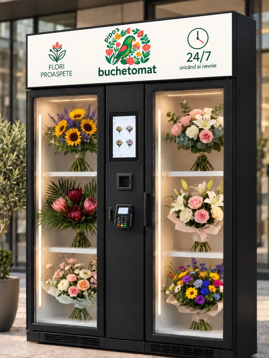 Buchetomatul Pipo, automat de flori cu vitrină climatizată, amplasat în Chiajna Shopping Center